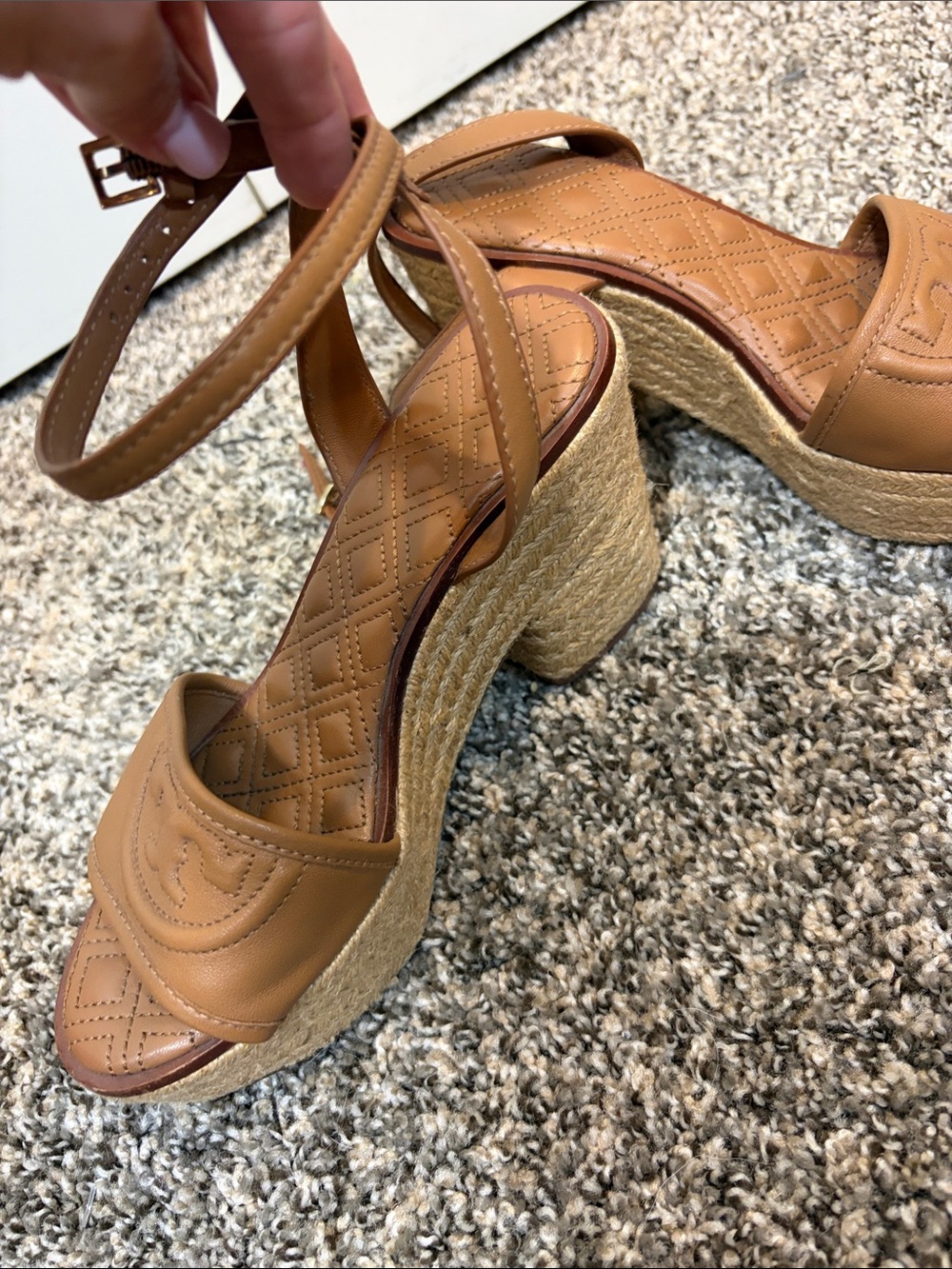 Tory Burch Cognac Leather Espadrille Wedge Sandals - Picture 2 of 6